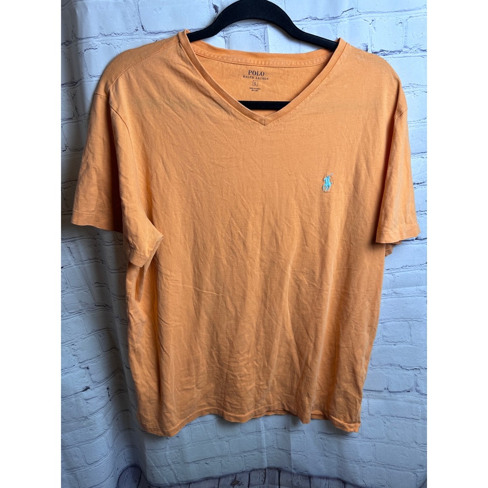 Polo Ralph Lauren‎ V-Neck T-Shirt Pony Logo Casual Top Orange Large